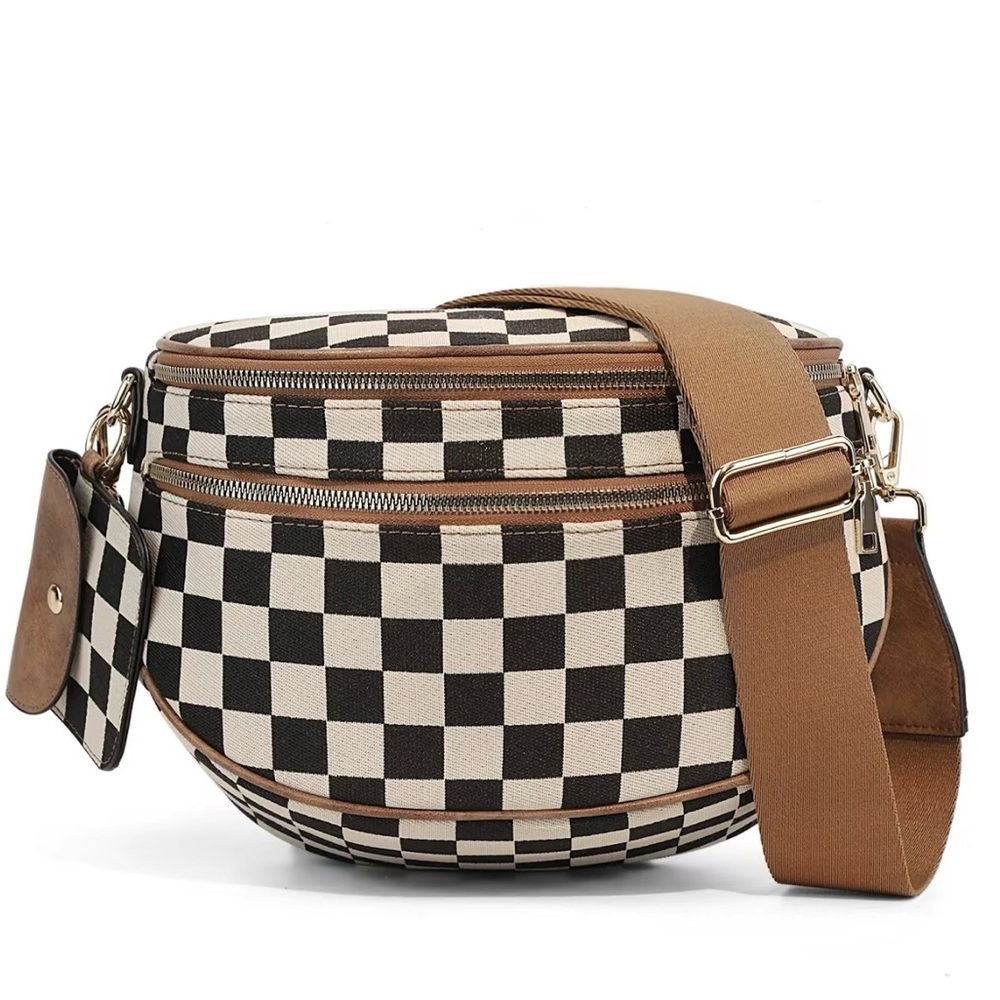 Checkboard Print Bag w/ Coin Pouch & Dust Bag - Plaid Brown NWT